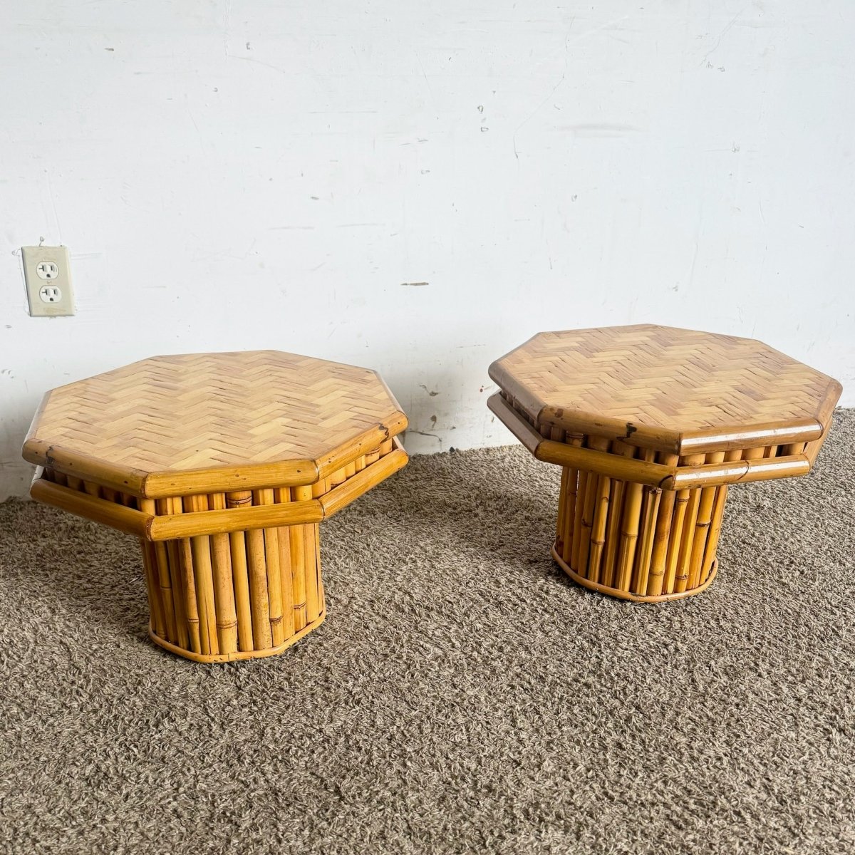 Boho Chic Octagonal Split Bamboo Herringbone Top Side Table - a Pair - Dolphin & Flamingo