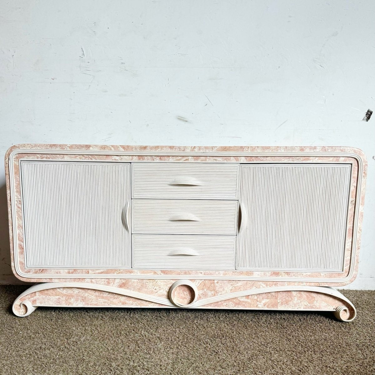 Boho Chic Pink Tessellated Stone and Pencil Reed Ribbon Credenza - Dolphin & Flamingo