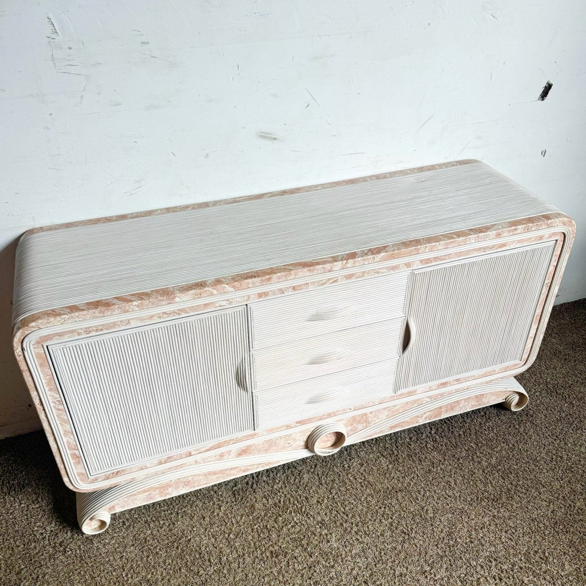Boho Chic Pink Tessellated Stone and Pencil Reed Ribbon Credenza - Dolphin & Flamingo