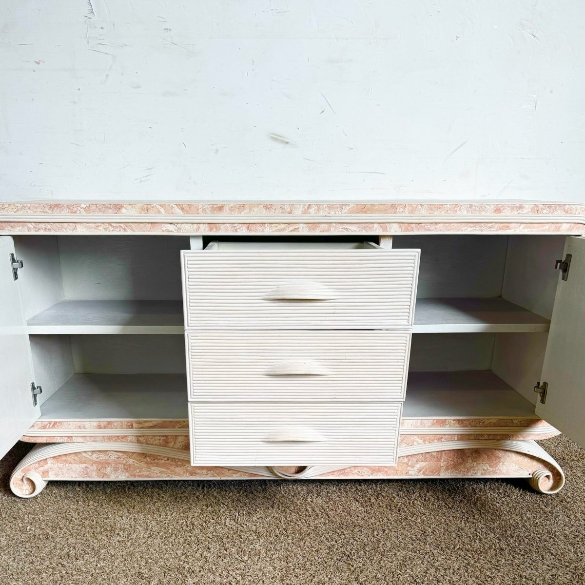 Boho Chic Pink Tessellated Stone and Pencil Reed Ribbon Credenza - Dolphin & Flamingo