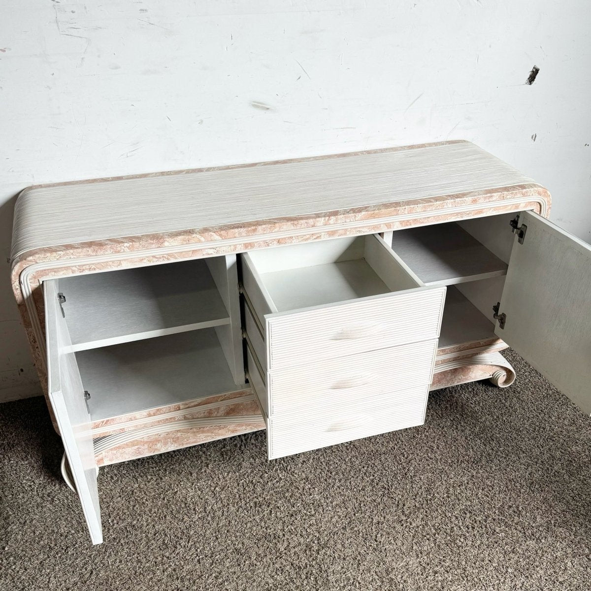 Boho Chic Pink Tessellated Stone and Pencil Reed Ribbon Credenza - Dolphin & Flamingo
