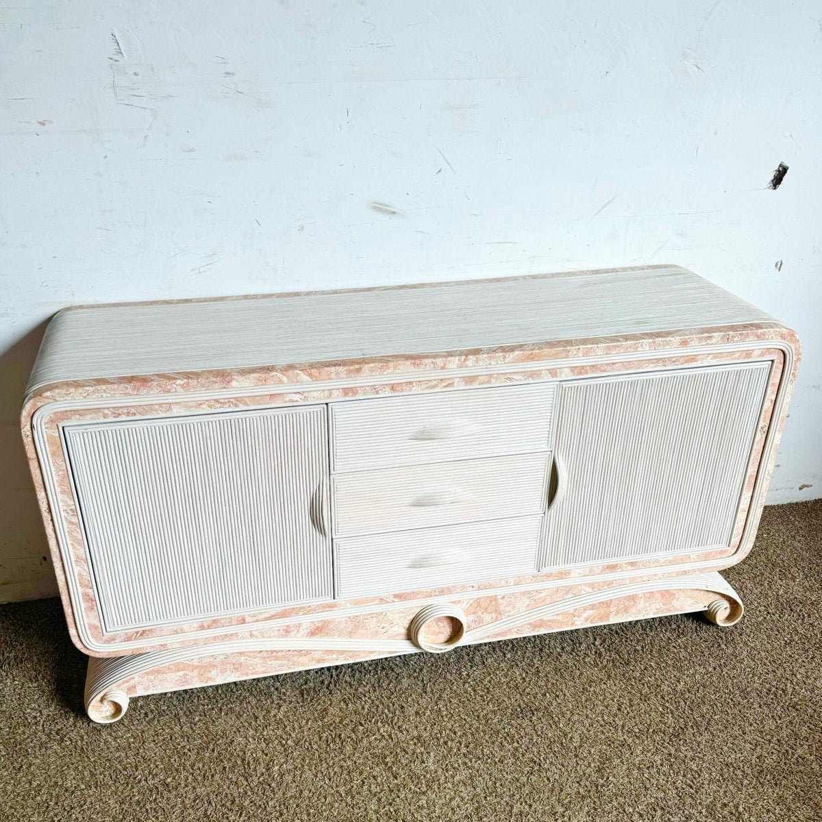 Boho Chic Pink Tessellated Stone and Pencil Reed Ribbon Credenza - Dolphin & Flamingo