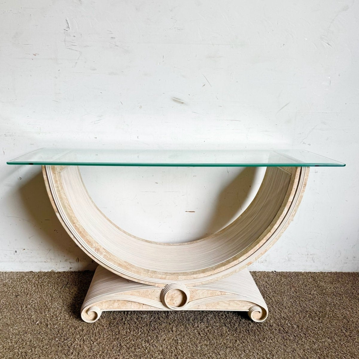 Boho Chic Pink Tessellated Stone and Pencil Reed Ribbon Glass Top Console Table - Dolphin & Flamingo