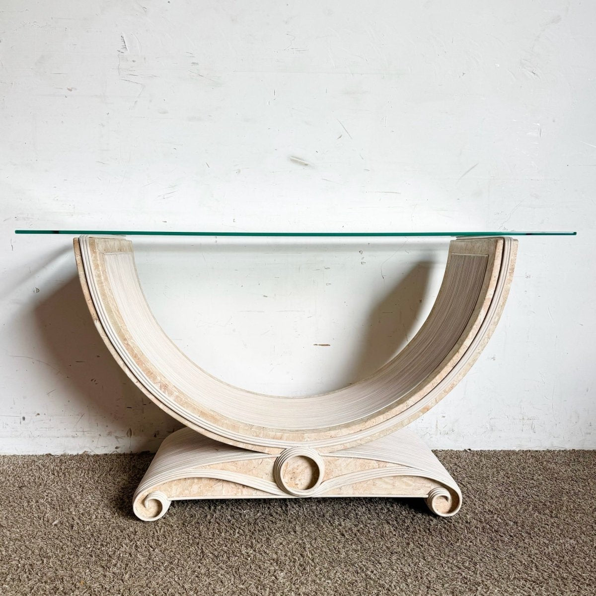 Boho Chic Pink Tessellated Stone and Pencil Reed Ribbon Glass Top Console Table - Dolphin & Flamingo