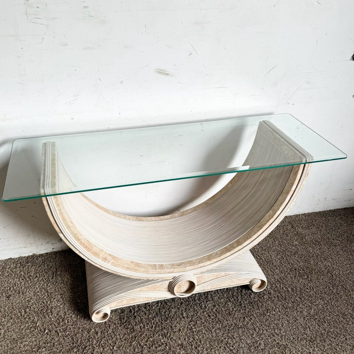 Boho Chic Pink Tessellated Stone and Pencil Reed Ribbon Glass Top Console Table - Dolphin & Flamingo