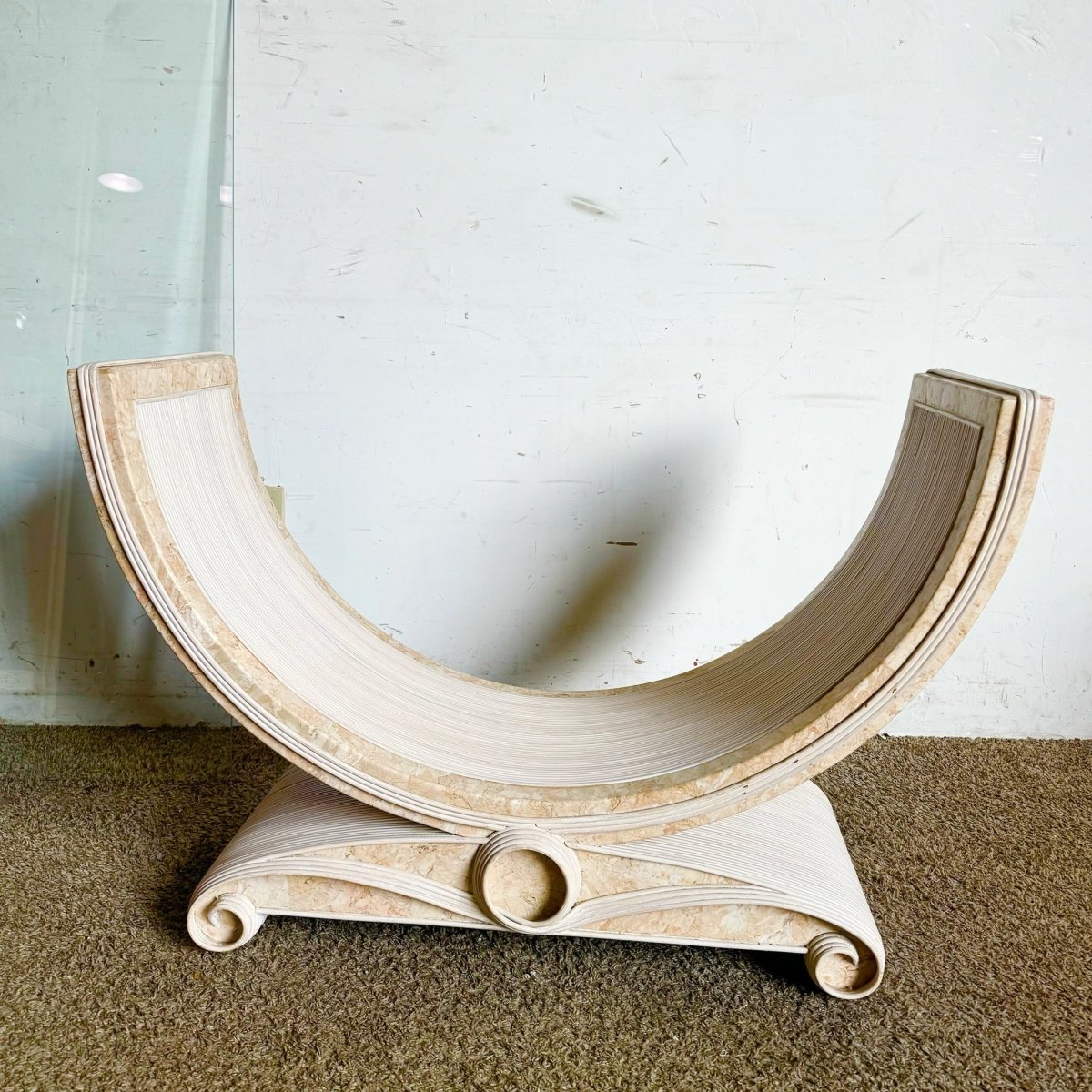 Boho Chic Pink Tessellated Stone and Pencil Reed Ribbon Glass Top Console Table - Dolphin & Flamingo