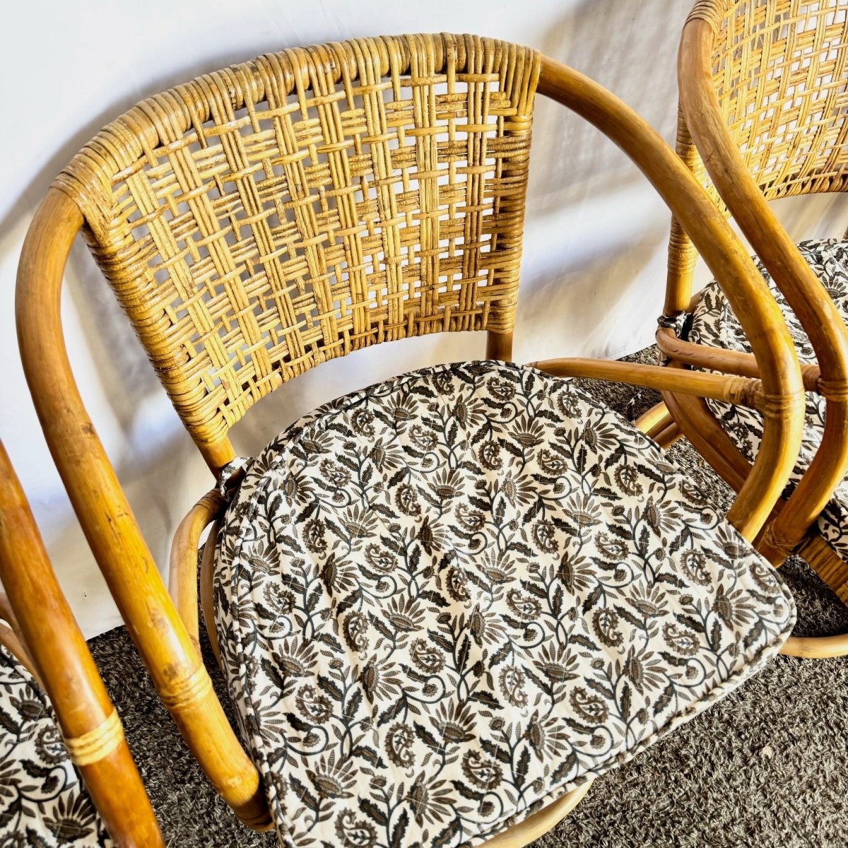 Boho Chic Rattan Wicker Swivel Arm Dining Chairs - Set of 4 - Dolphin & Flamingo
