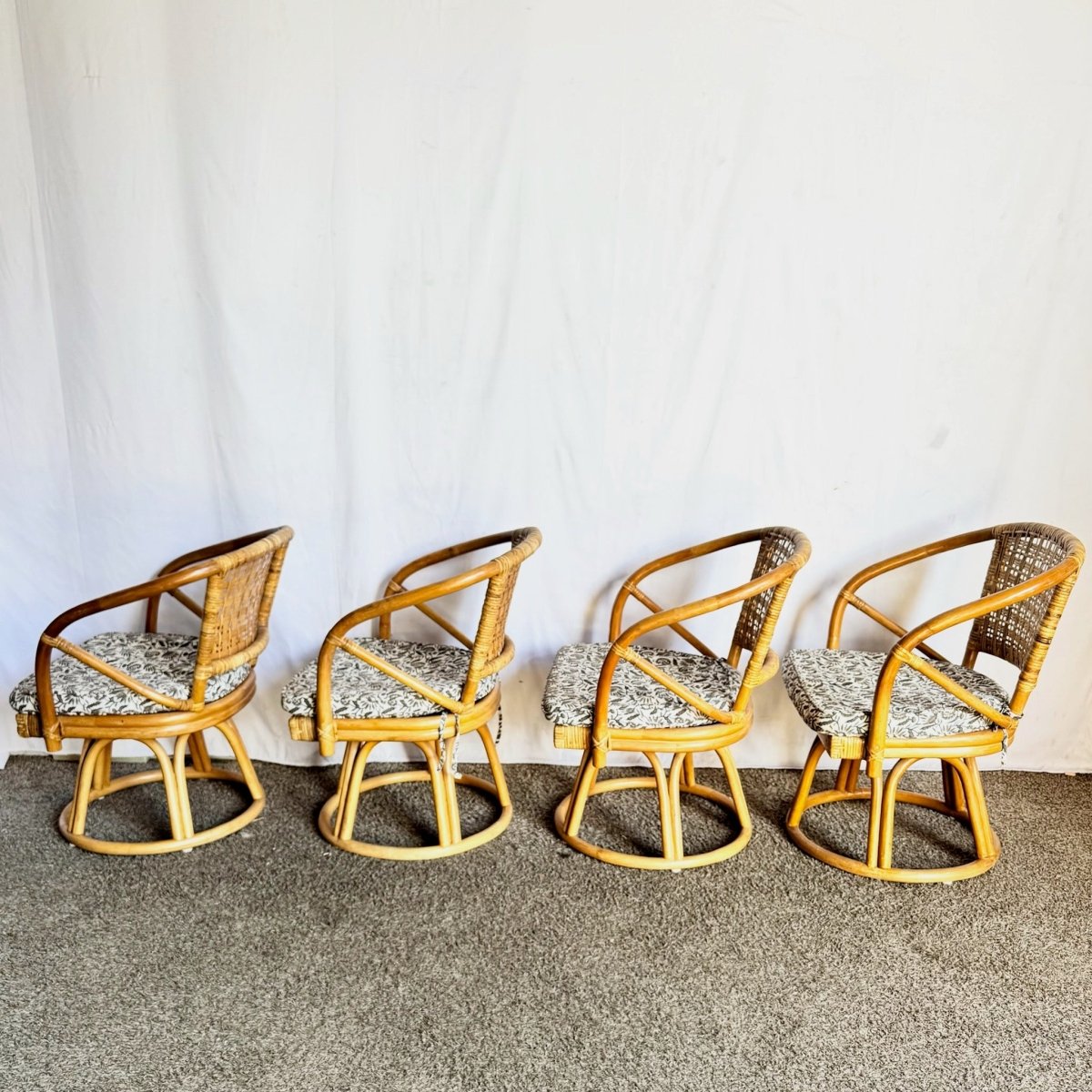 Boho Chic Rattan Wicker Swivel Arm Dining Chairs - Set of 4 - Dolphin & Flamingo