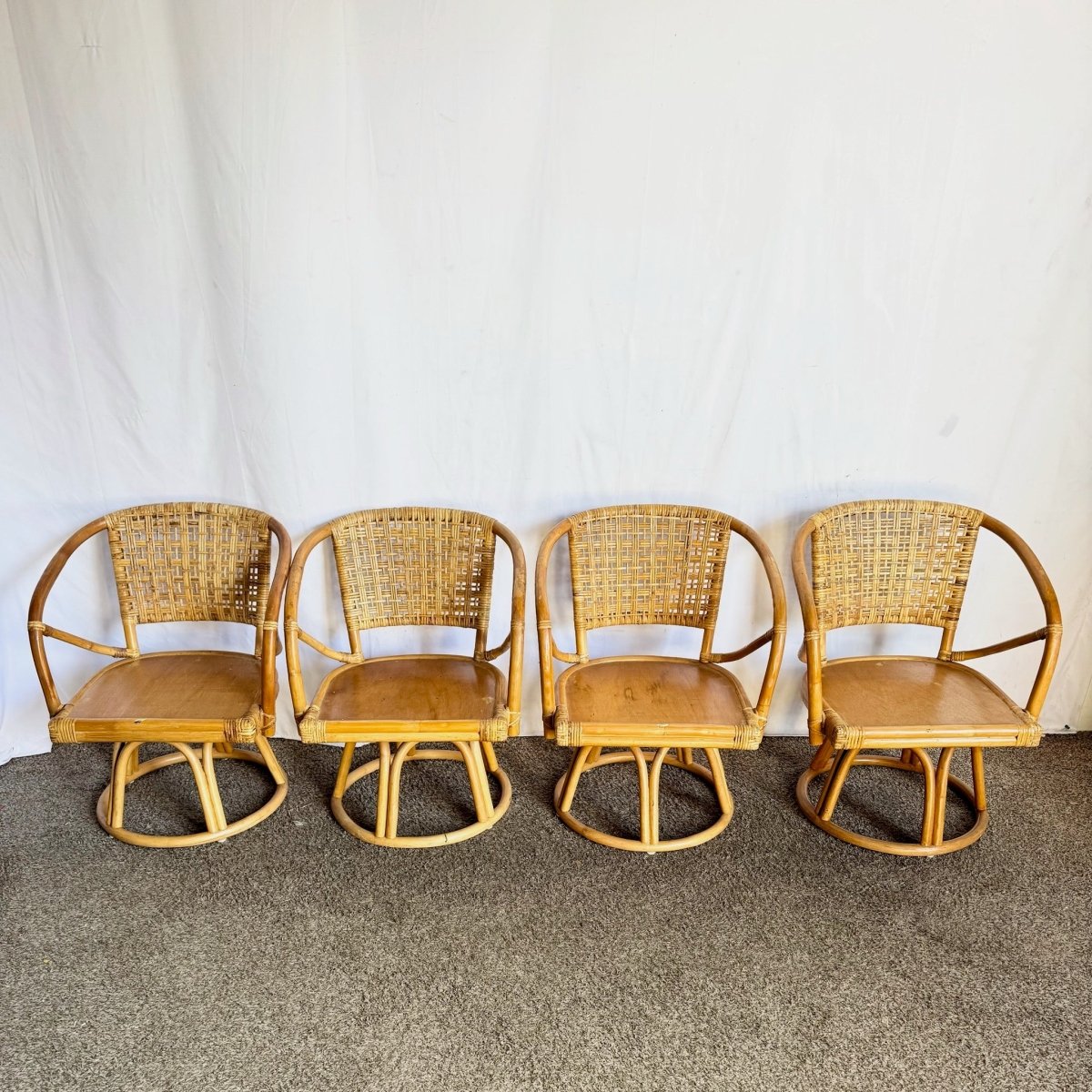 Boho Chic Rattan Wicker Swivel Arm Dining Chairs - Set of 4 - Dolphin & Flamingo