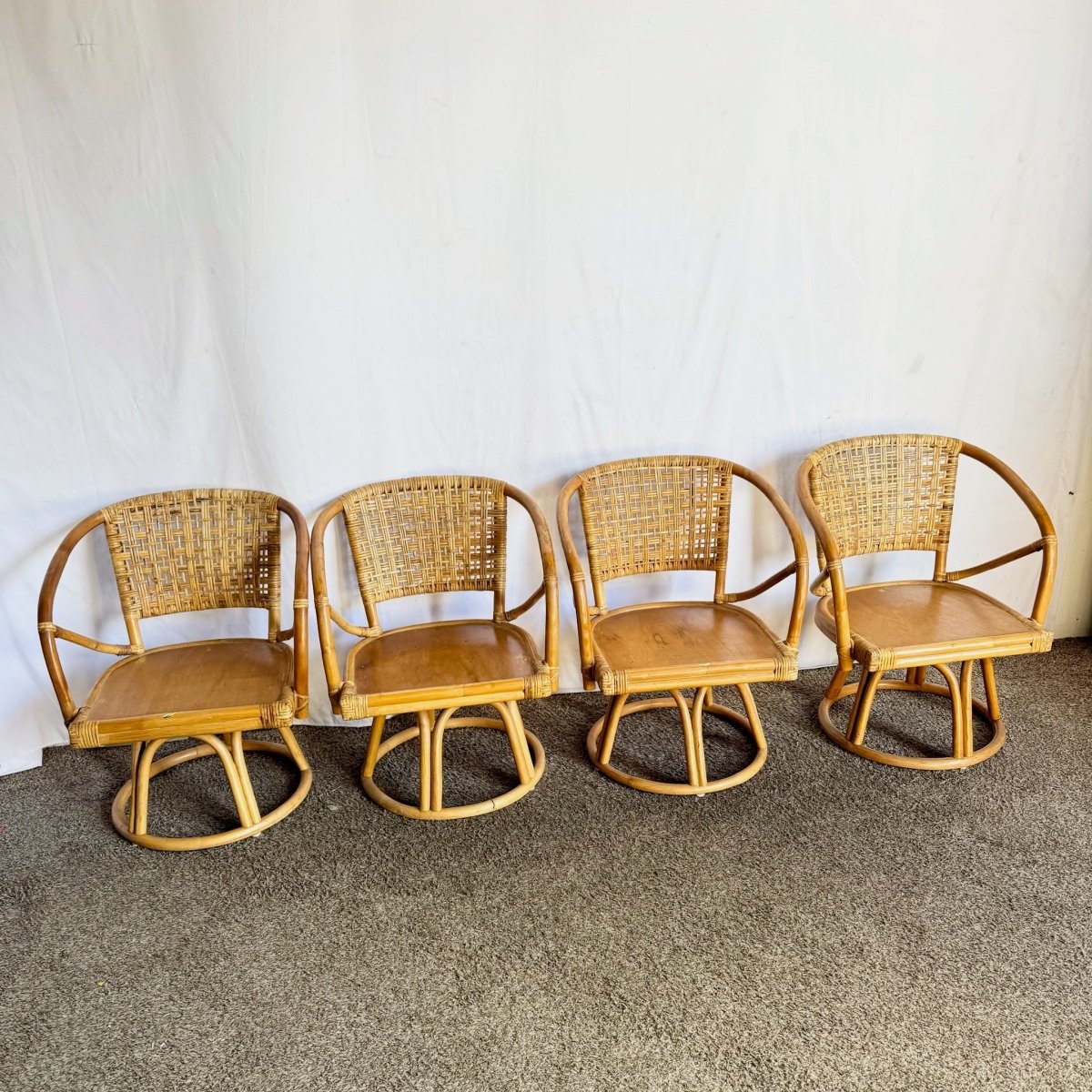 Boho Chic Rattan Wicker Swivel Arm Dining Chairs - Set of 4 - Dolphin & Flamingo