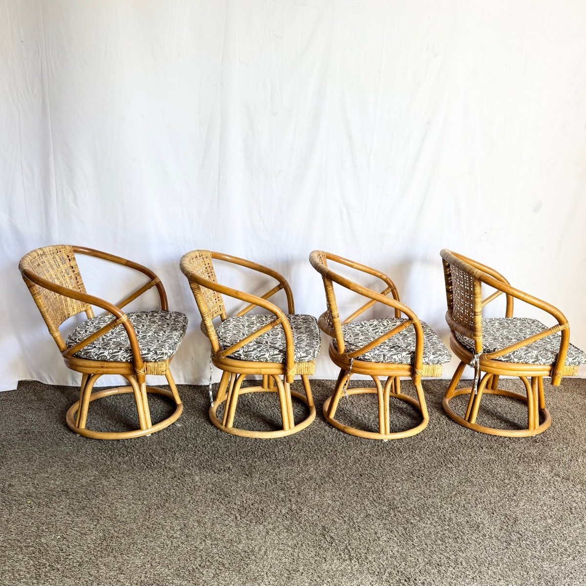 Boho Chic Rattan Wicker Swivel Arm Dining Chairs - Set of 4 - Dolphin & Flamingo