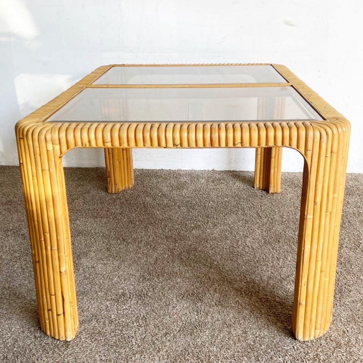 Boho Chic Split Bamboo Smoked Glass Top Dining Table - Dolphin & Flamingo