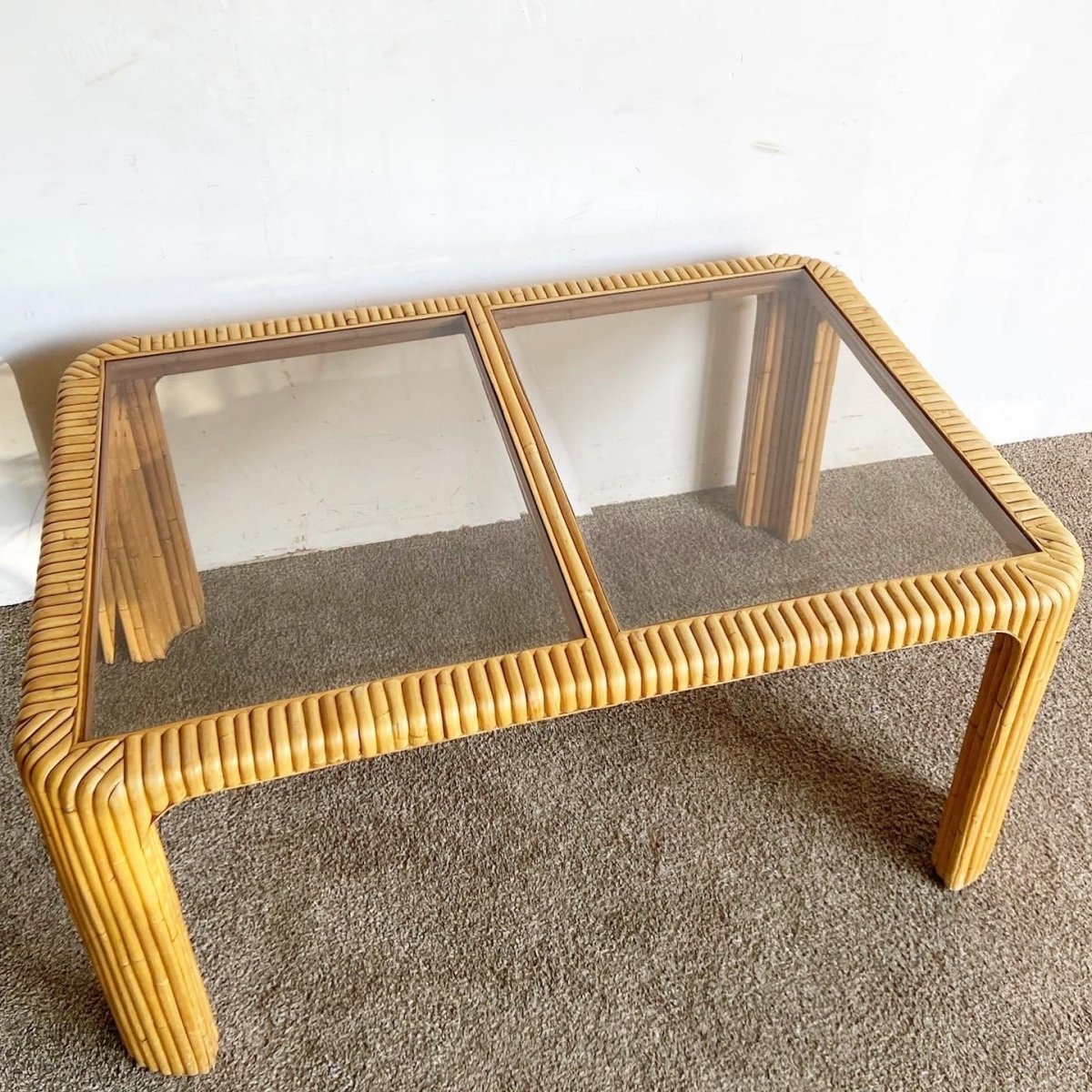 Boho Chic Split Bamboo Smoked Glass Top Dining Table - Dolphin & Flamingo