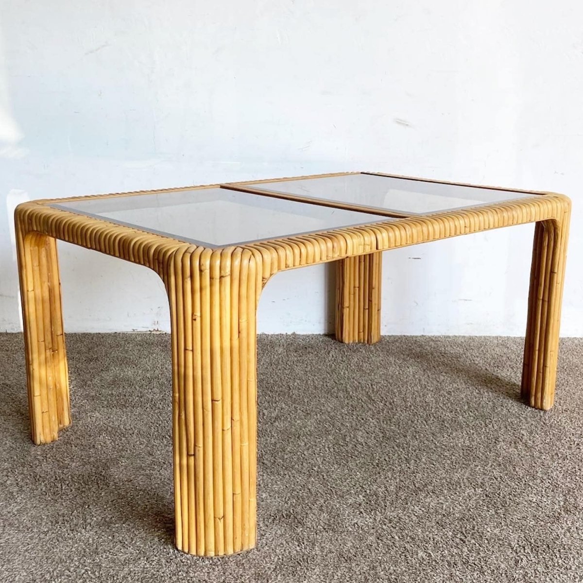 Boho Chic Split Bamboo Smoked Glass Top Dining Table - Dolphin & Flamingo