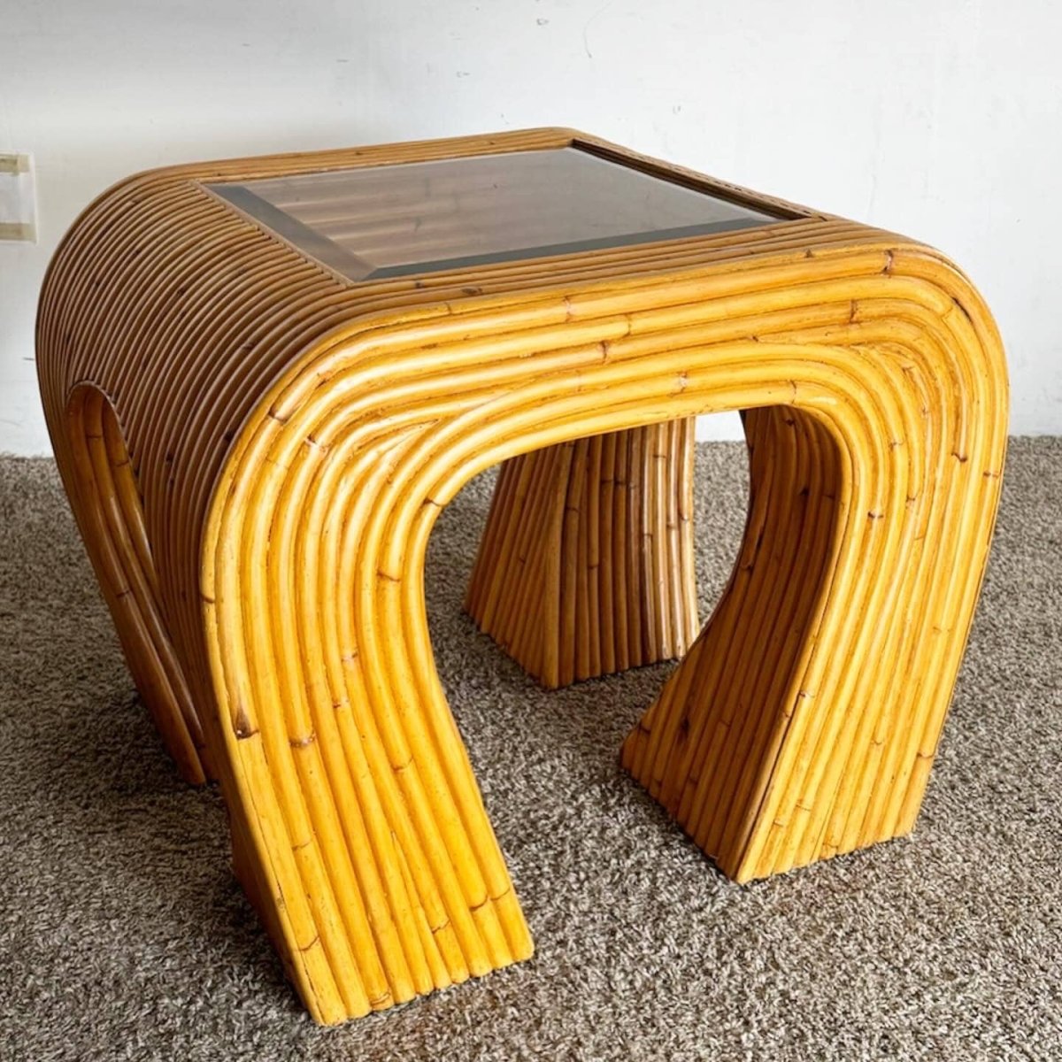 Boho Chic Split Bamboo Waterfall Side Table With Inlaid Smoked Glass - Dolphin & Flamingo