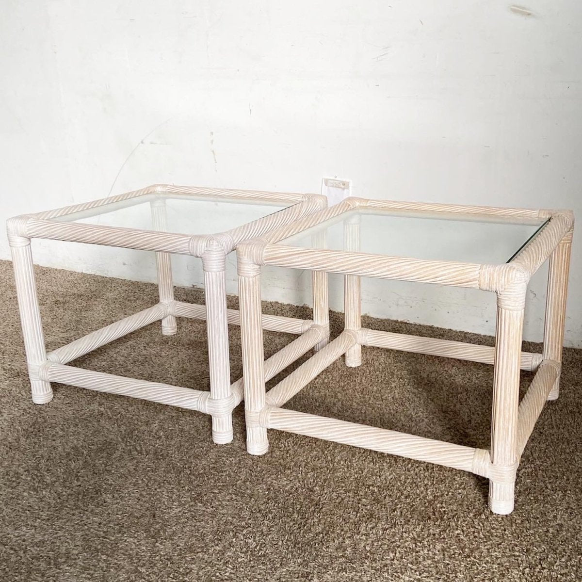 Boho Chic Spun Pencil Reed and Rattan Glass Top Side Tables - a Pair - Dolphin & Flamingo