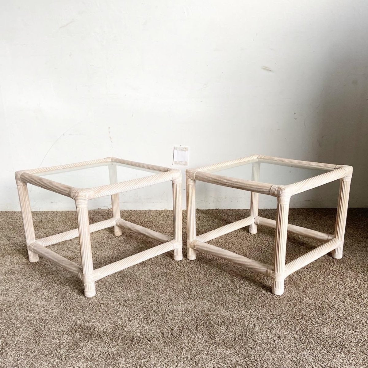 Boho Chic Spun Pencil Reed and Rattan Glass Top Side Tables - a Pair - Dolphin & Flamingo