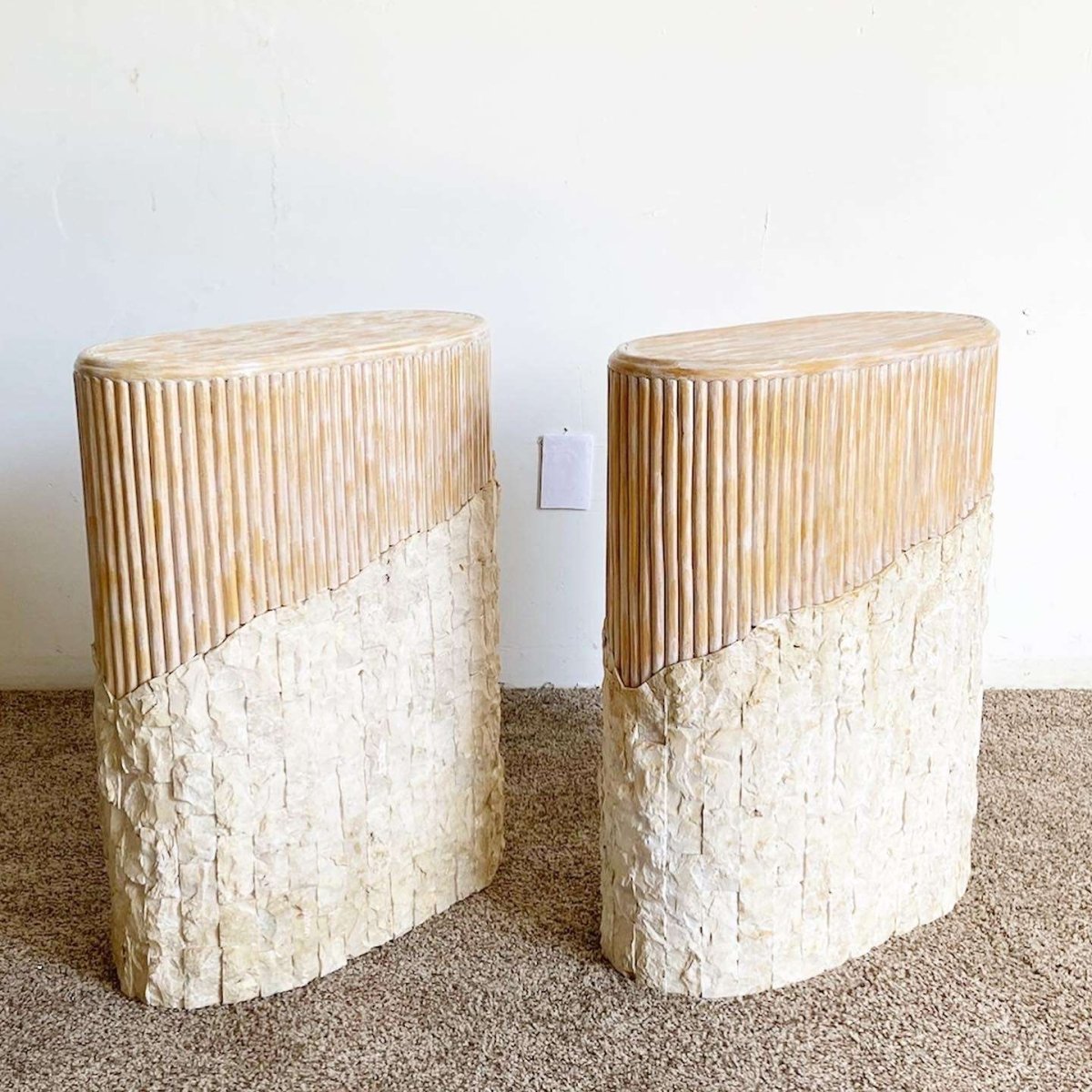 Boho Chic Tessellated Stone and Split Reed Pedestals - a Pair - Dolphin & Flamingo