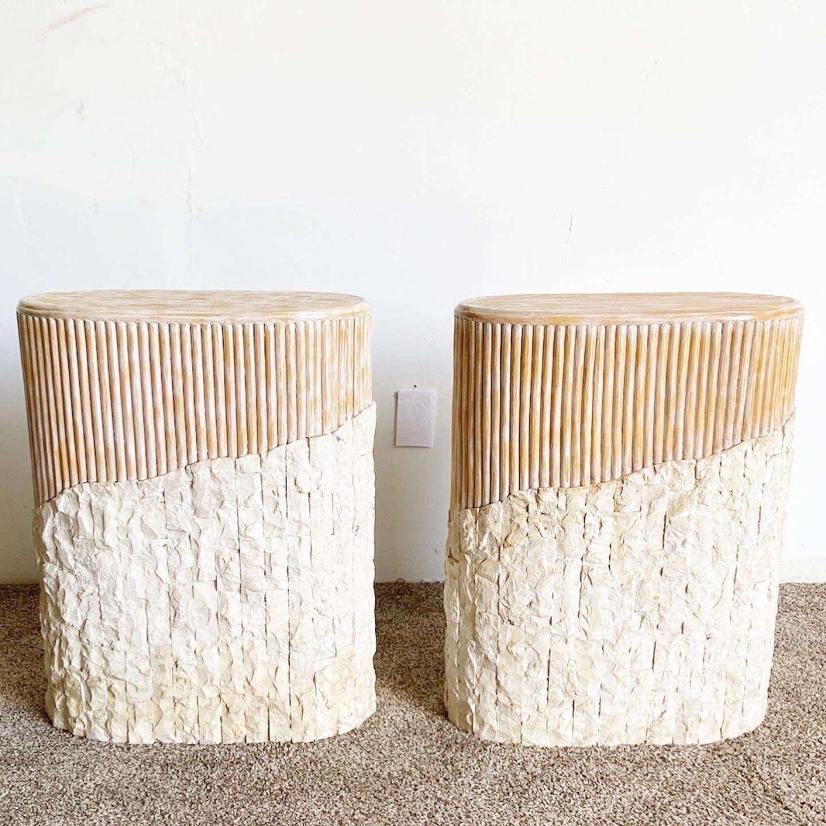 Boho Chic Tessellated Stone and Split Reed Pedestals - a Pair - Dolphin & Flamingo