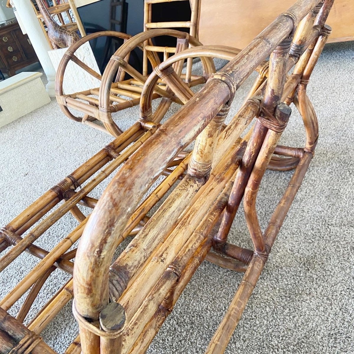 Boho Chic Three Strand Rattan Pretzel Sofa and Chair After Frankl - 2 Pieces - Dolphin & Flamingo