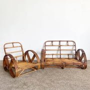 Boho Chic Three Strand Rattan Pretzel Sofa and Chair After Frankl - 2 Pieces - Dolphin & Flamingo