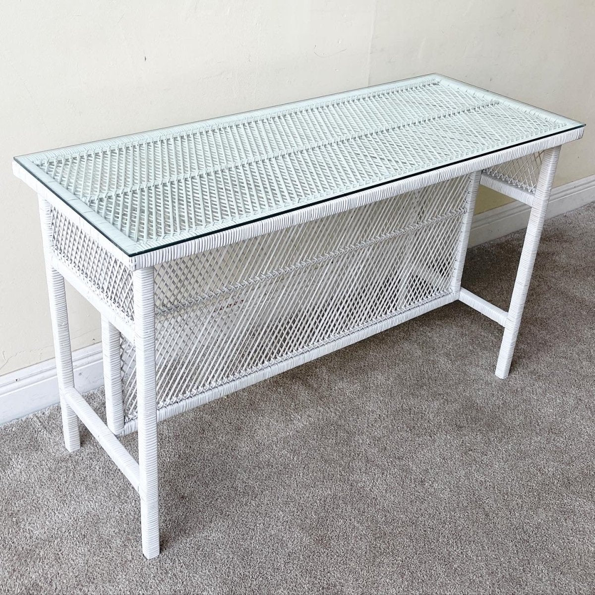 Boho Chic White Rattan Console Table With Glass Top - Dolphin & Flamingo