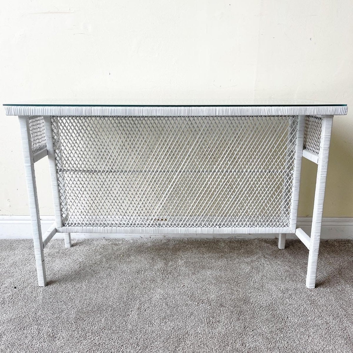 Boho Chic White Rattan Console Table With Glass Top - Dolphin & Flamingo