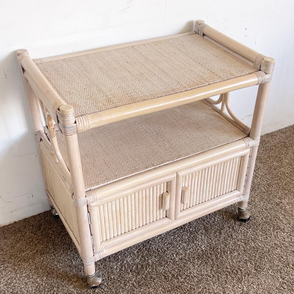 Boho Chic White Washed Bamboo Rattan and Wicker Bar Cart - Dolphin & Flamingo