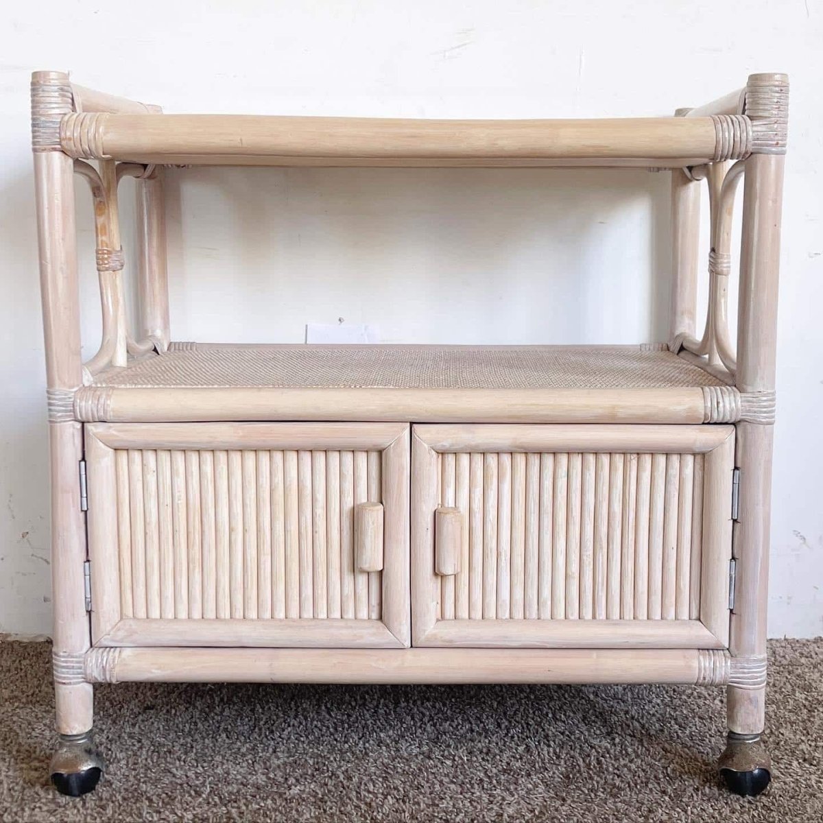 Boho Chic White Washed Bamboo Rattan and Wicker Bar Cart - Dolphin & Flamingo
