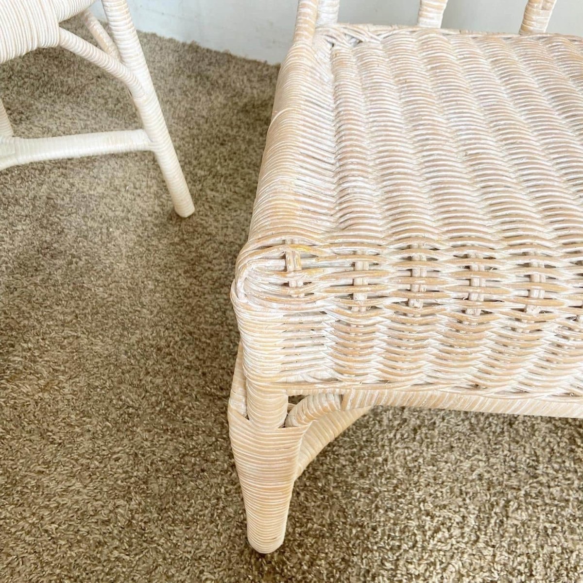 Boho Chic White Washed Wicker Rattan Side Chairs - a Pair - Dolphin & Flamingo
