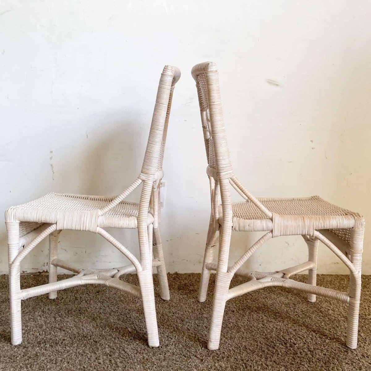 Boho Chic White Washed Wicker Rattan Side Chairs - a Pair - Dolphin & Flamingo