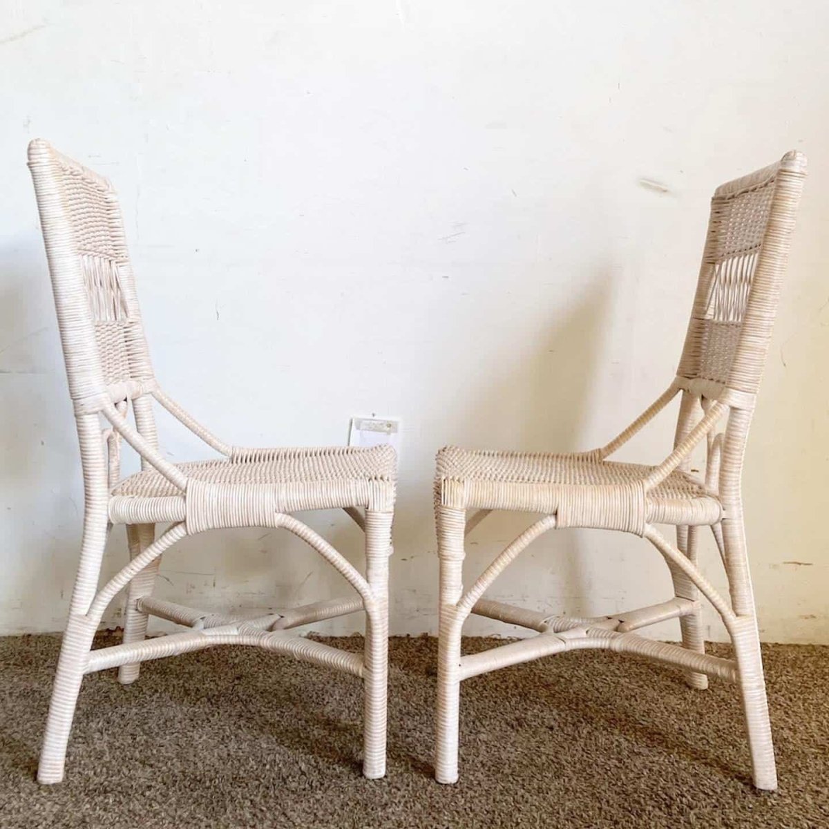 Boho Chic White Washed Wicker Rattan Side Chairs - a Pair - Dolphin & Flamingo