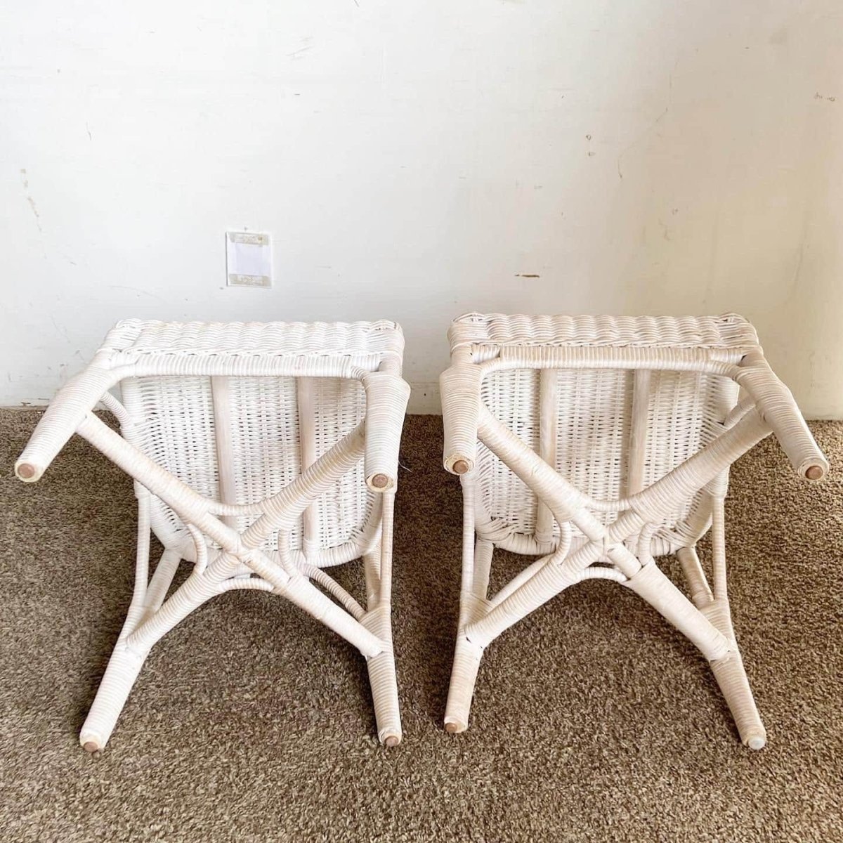 Boho Chic White Washed Wicker Rattan Side Chairs - a Pair - Dolphin & Flamingo
