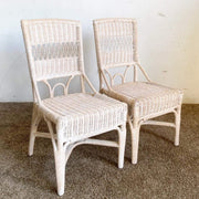 Boho Chic White Washed Wicker Rattan Side Chairs - a Pair - Dolphin & Flamingo