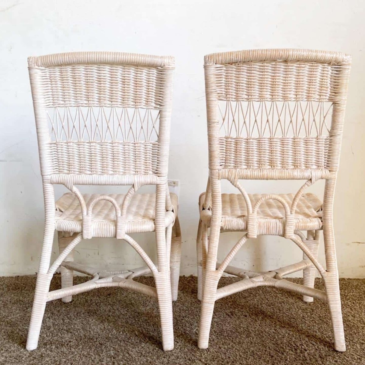 Boho Chic White Washed Wicker Rattan Side Chairs - a Pair - Dolphin & Flamingo