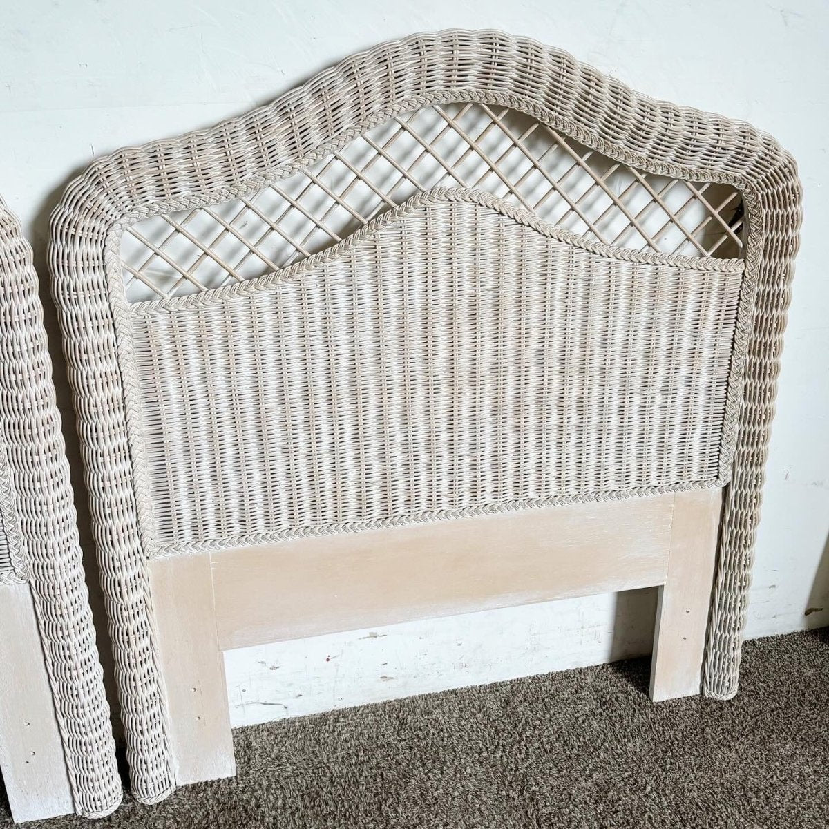 Boho Chic White Washed Wicker Twin Size Headboards by Henry Link - a Pair - Dolphin & Flamingo