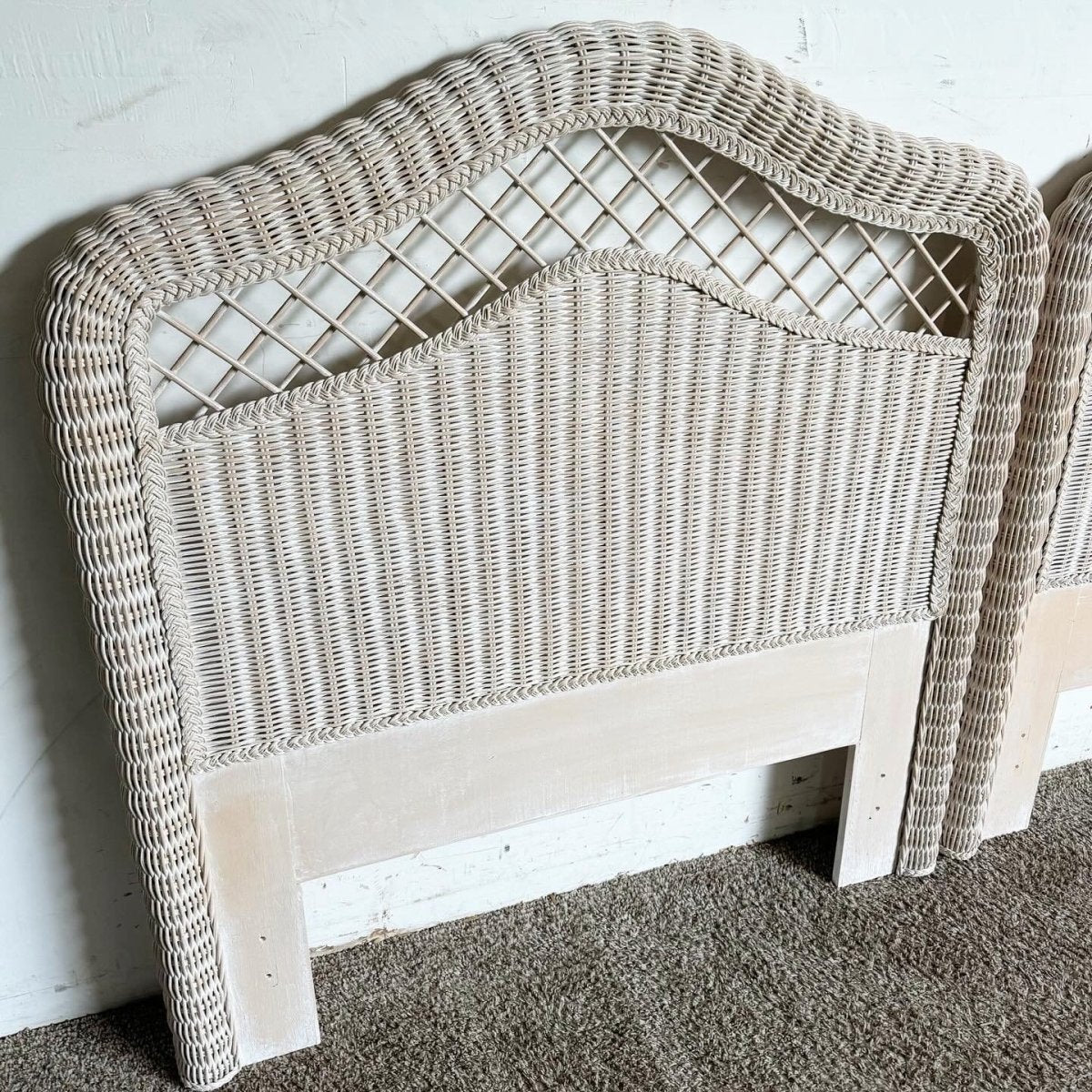 Boho Chic White Washed Wicker Twin Size Headboards by Henry Link - a Pair - Dolphin & Flamingo