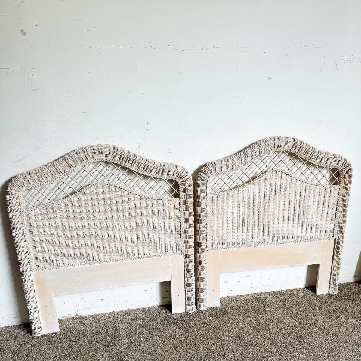 Boho Chic White Washed Wicker Twin Size Headboards by Henry Link - a Pair - Dolphin & Flamingo