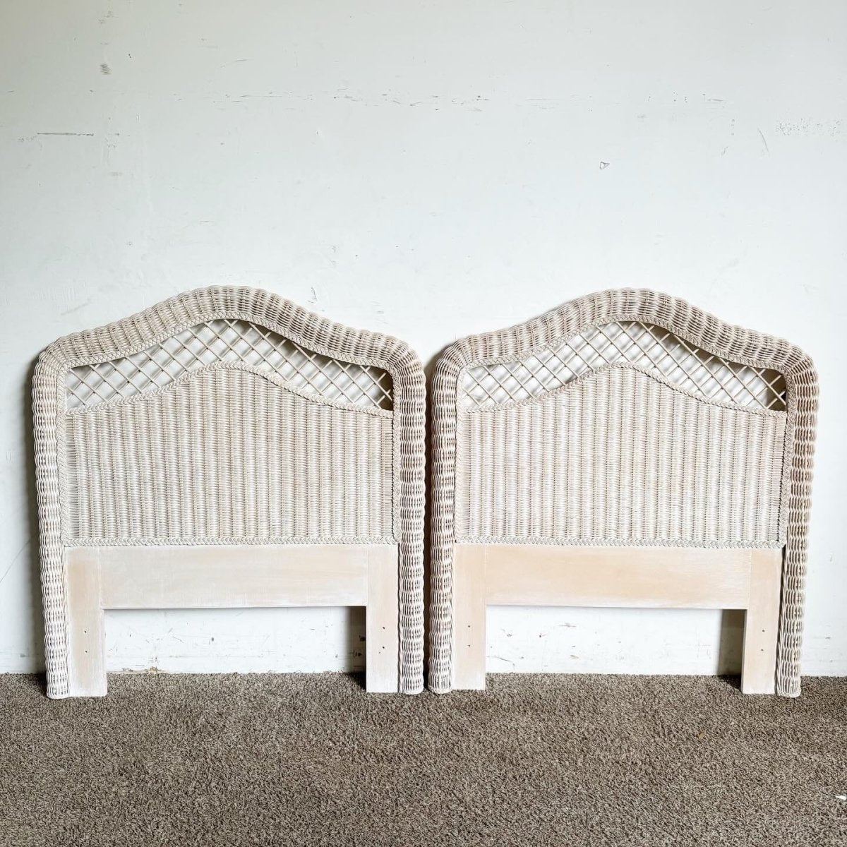 Boho Chic White Washed Wicker Twin Size Headboards by Henry Link - a Pair - Dolphin & Flamingo