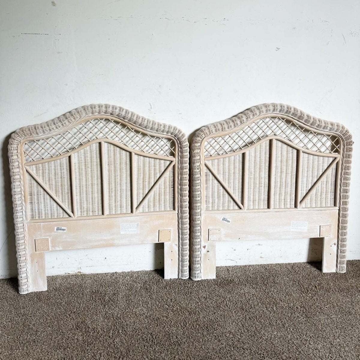 Boho Chic White Washed Wicker Twin Size Headboards by Henry Link - a Pair - Dolphin & Flamingo