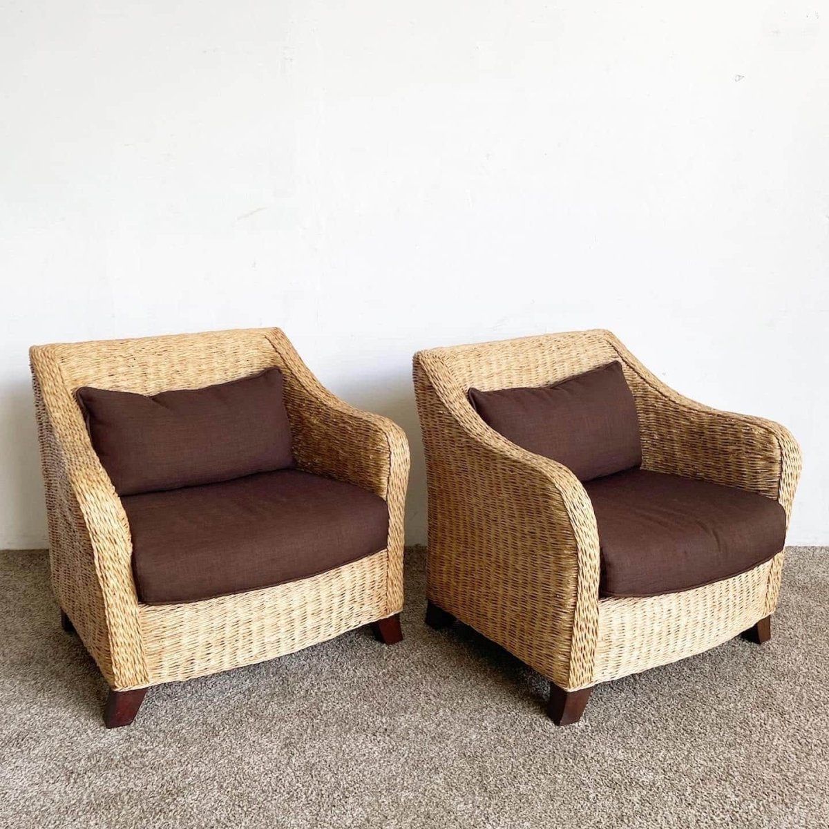 Boho Chic Wicker Arm Chairs With Brown Cushions - Dolphin & Flamingo