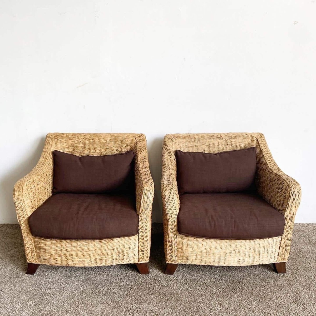 Boho Chic Wicker Arm Chairs With Brown Cushions - Dolphin & Flamingo