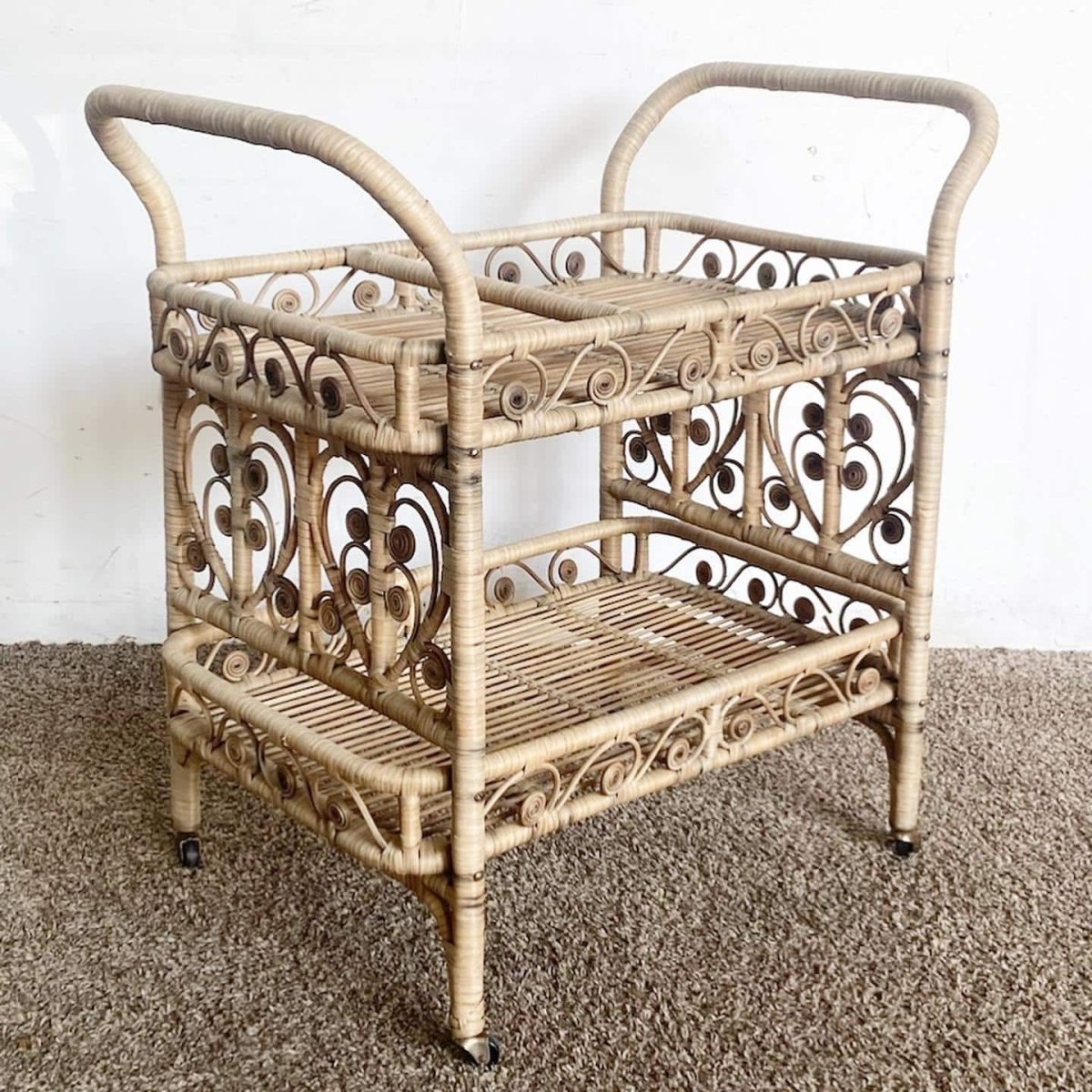 Boho Chic Woven Ribbon Rattan Two Tier Bar Cart - Dolphin & Flamingo