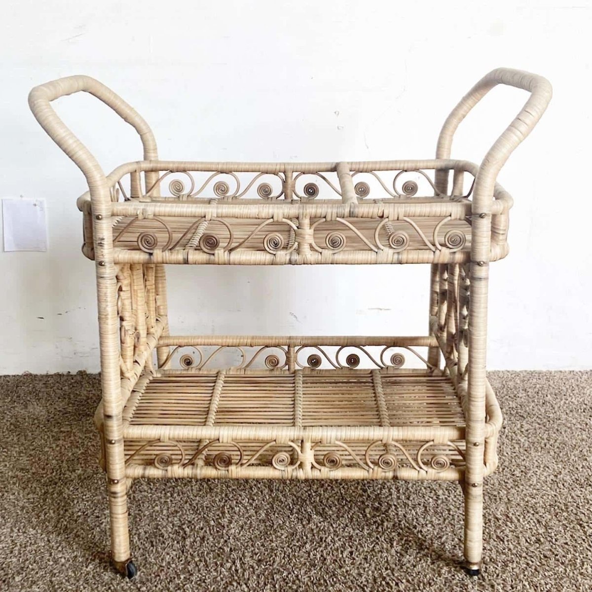 Boho Chic Woven Ribbon Rattan Two Tier Bar Cart - Dolphin & Flamingo