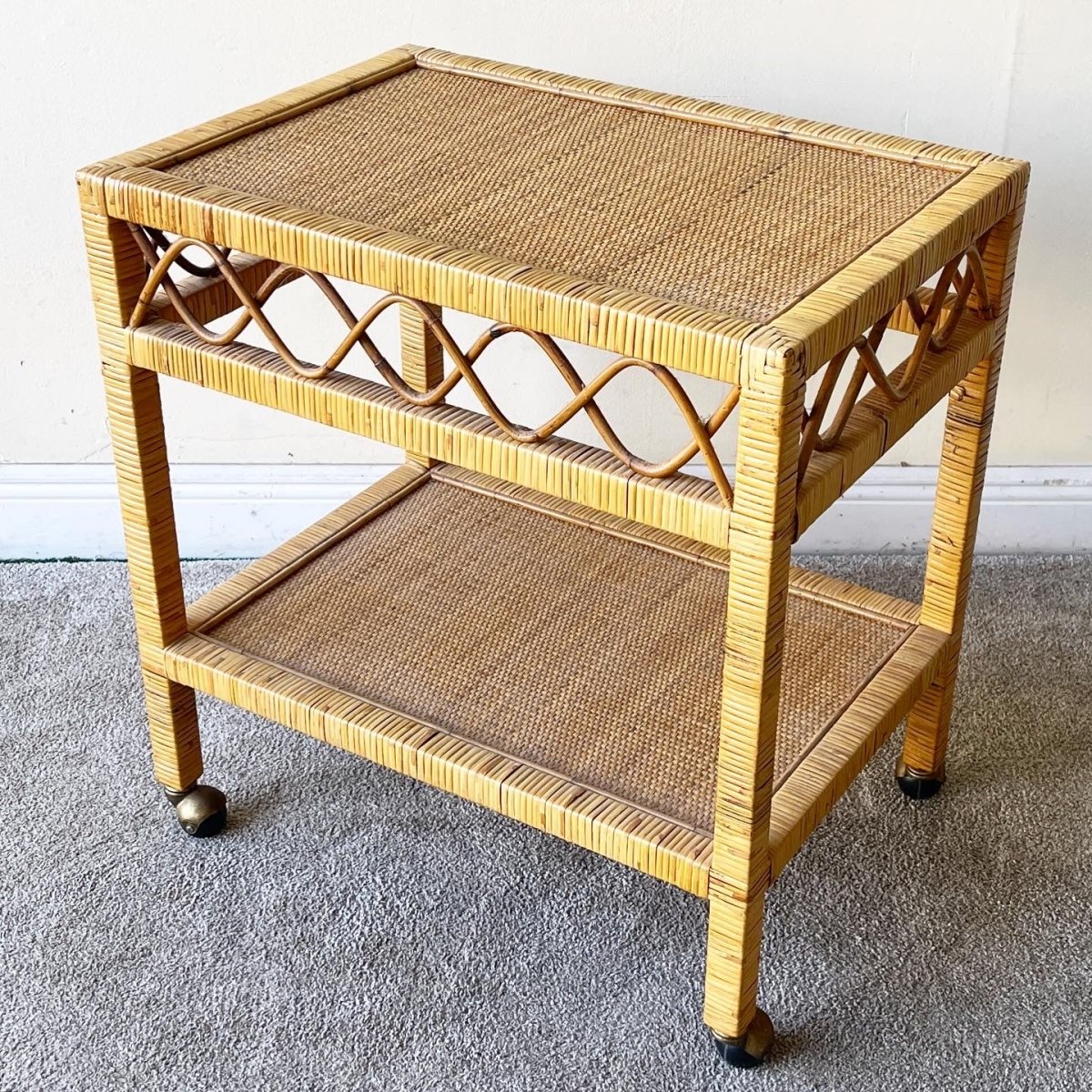 Boho Rattan and Wicker Side Table/Cart - Dolphin & Flamingo