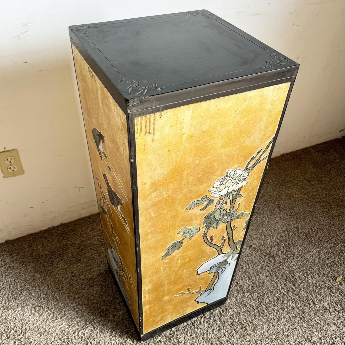 Chinese Black and Gold Hand Painted and Carved Pedestal - Dolphin & Flamingo