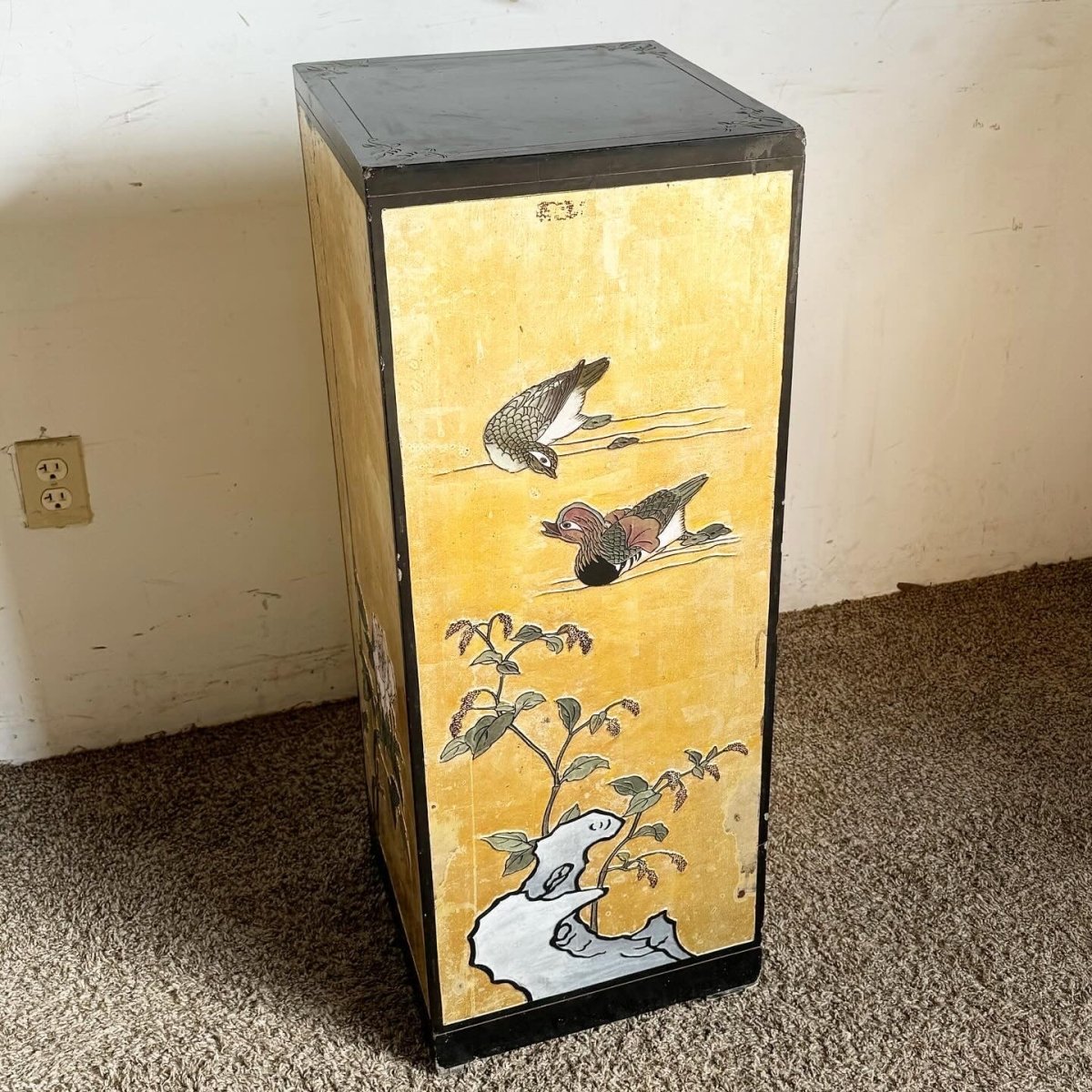 Chinese Black and Gold Hand Painted and Carved Pedestal - Dolphin & Flamingo
