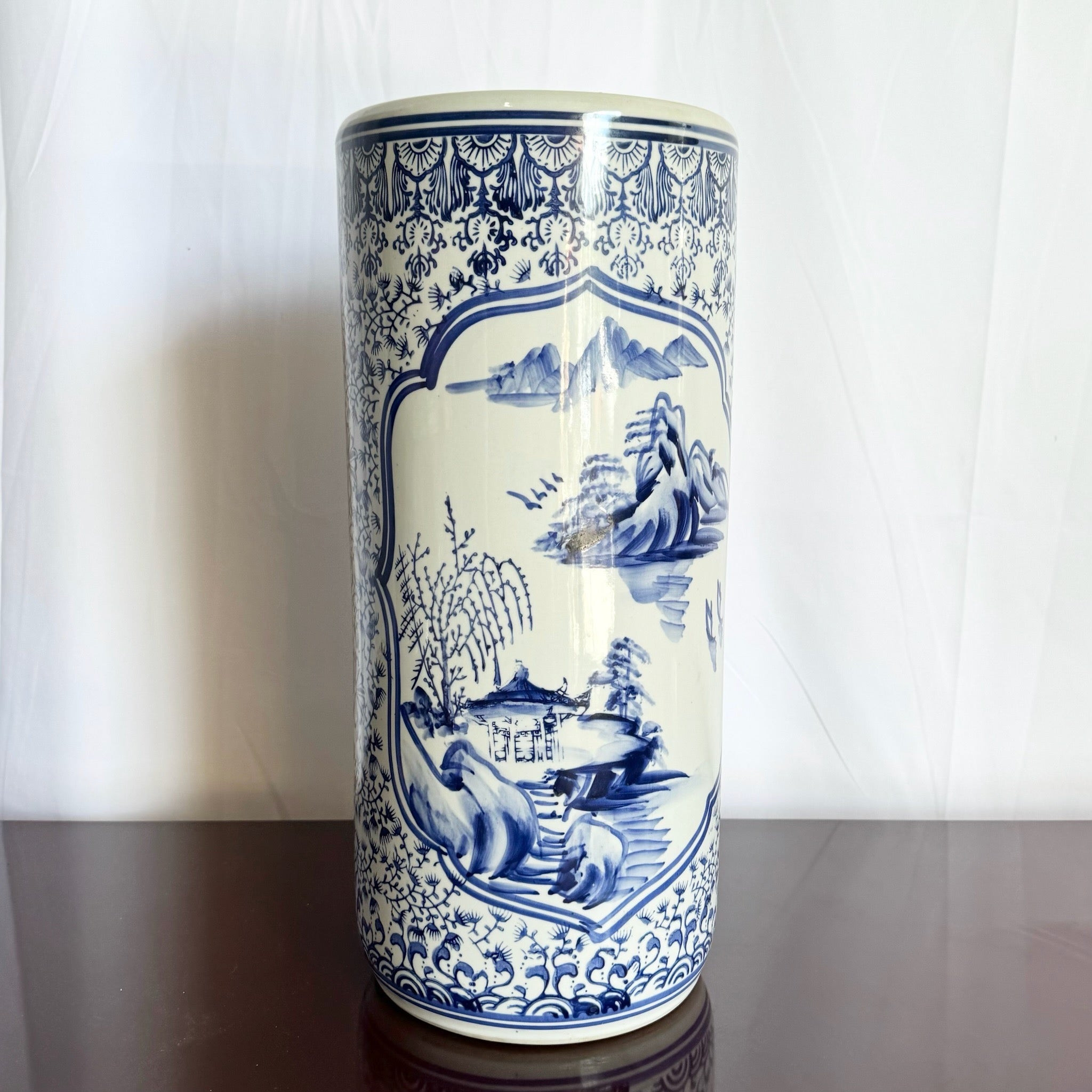 Chinese Blue and White Porcelain Vase/Umbrella Holder - Dolphin & Flamingo