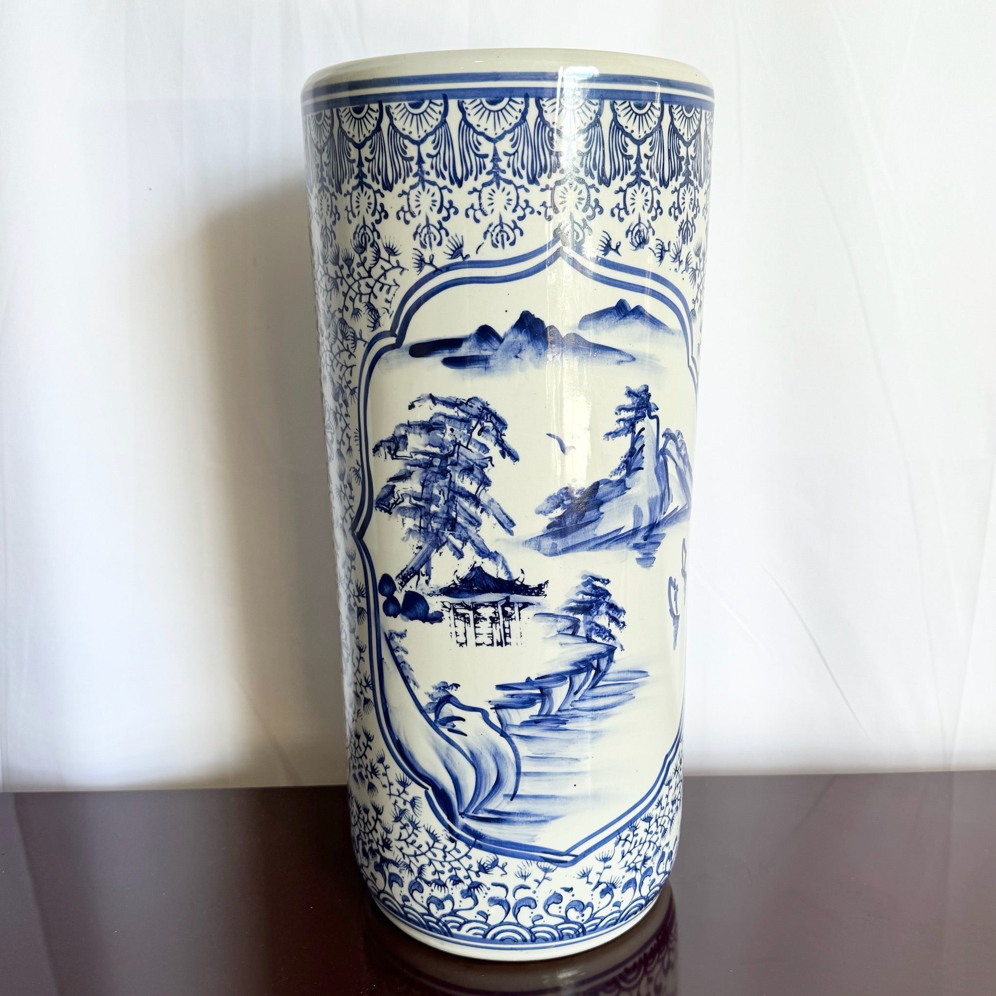 Chinese Blue and White Porcelain Vase/Umbrella Holder - Dolphin & Flamingo