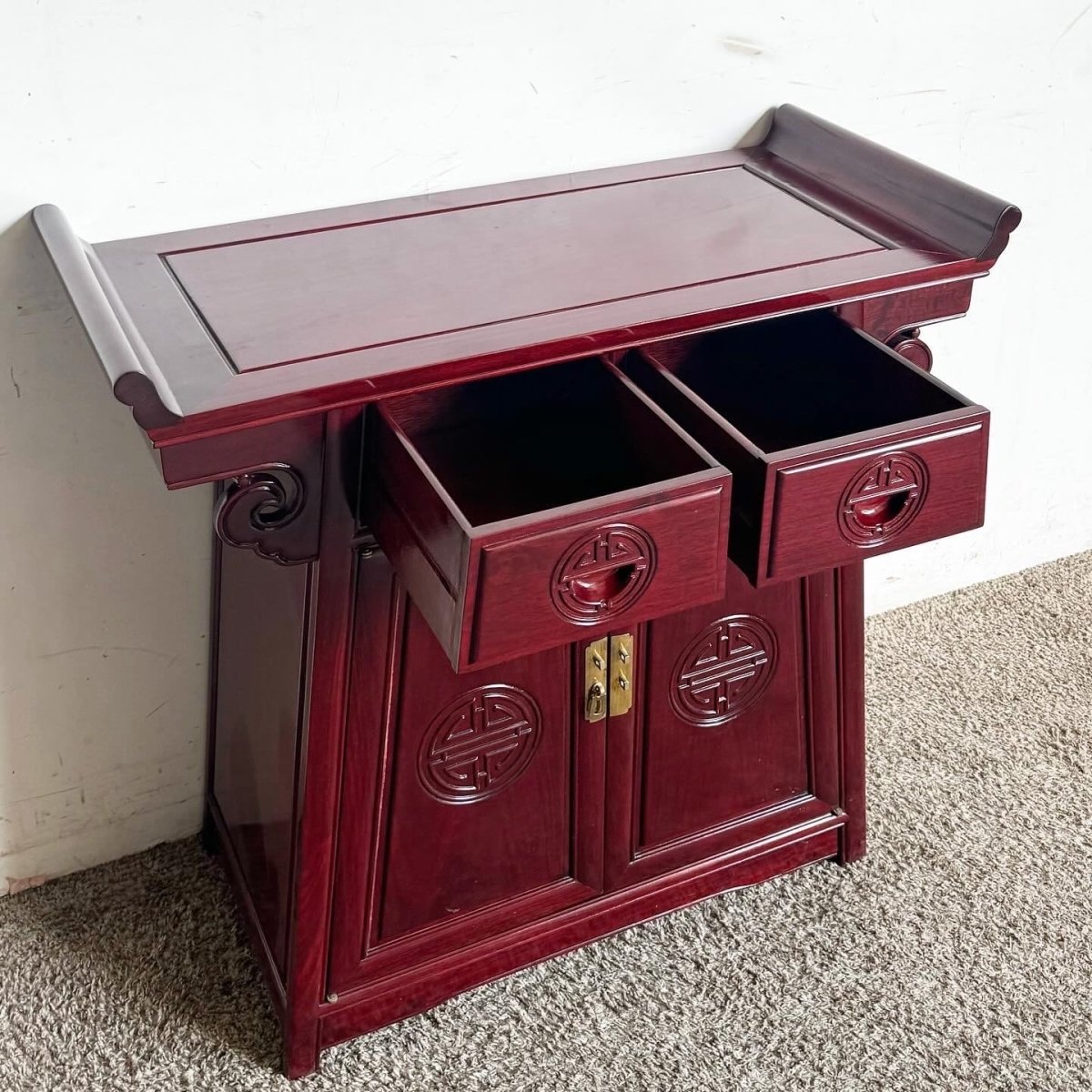 Chinese Carved Rosewood Altar Console Table - Dolphin & Flamingo